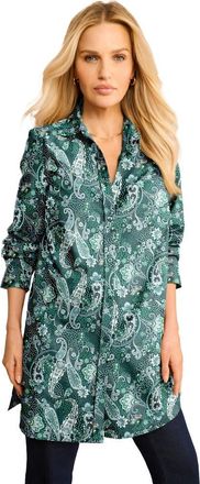 Roaman's Kate Long-Sleeve Crisp Cotton-Blend Button-Front Tunic in Emerald Fine Paisley at Nordstrom, Size 42