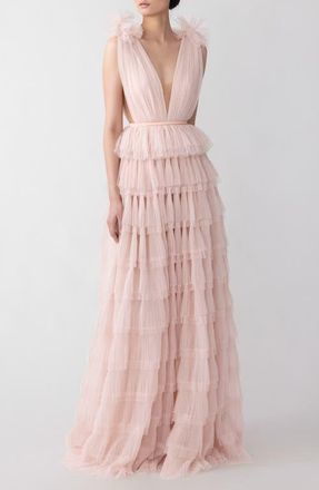 Sau Lee Sabrina Plunge Neck Tiered Tulle Gown in Nude Pink at Nordstrom, Size 10