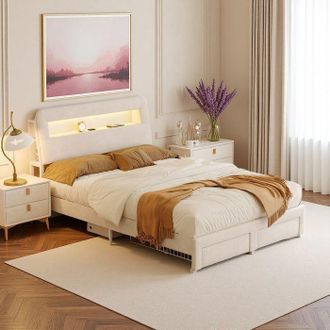 OEM Cama 140x200 Cm De Terciopelo Beige Con Led Integrada, Puerto Usb Y Cajones - Somier Incluido
