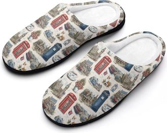 Generic British Symbols Big Ben Telephone Box Mens Slippers Memory Foam Winter Warm Sandals Slip On House Shoes Size 7-14