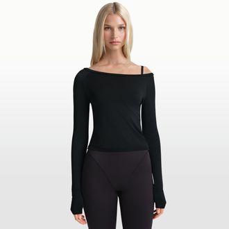 Nike Womens SKIMS Stretch Knit Off-Shoulder Long-Sleeve Top in Black | LSLSL10090W-OBD