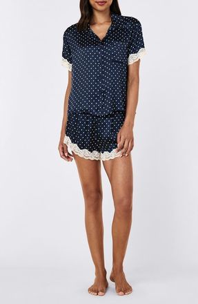 Papinelle Sleepwear Annabelle Satin Lace Boxer Pajamas in Deep Navy/mini Cream Spot at Nordstrom, Size Xx-Large