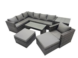Fimous 7 Pieces Garden Furniture Corner Sofa Set & 2 Big Footstool Side Table in Dark Grey