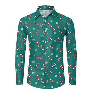 Generic Mens Printed Christmas Shirt - Long Sleeve Fold-Down Collar Slim Fit Christmas Work Blouse Button Down Casual Christmas Funny Top for Holidays Festiva