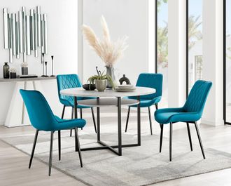 Furniturebox Adley Grey Concrete Effect & Black Round Dining Table with Shelf & 4 Velvet Pesaro Dining Chairs in Blue