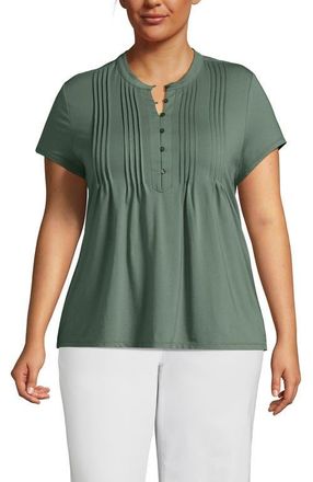 Lands End Short Sleeve Lightweight Jersey Button Pintuck Top in Lily Pad Green at Nordstrom, Size 1 X