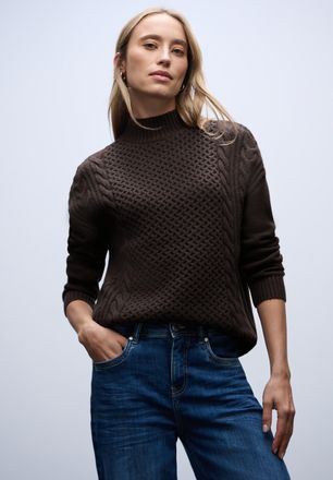 Street One Stehkragenpullover STREET ONE, Damen, Gr. 38, deep roast braun, Strick, Obermaterial: 34% Baumwolle, 34% Polyacryl, 29% Polyester, 3% Elasthan, regula