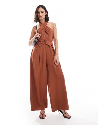 Asos twist neck button up jumpsuit-Auburn
