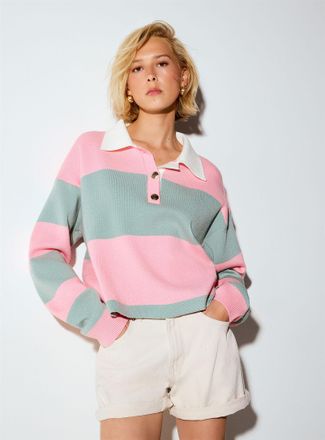 Icone Womens Golden buttons polo collar striped cropped sweater