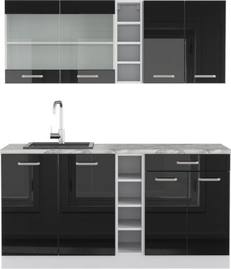 Vicco Cocina Para Solteros R-line, Negro Brillo Intenso, 160 Cm, Et M&aacute;rmol