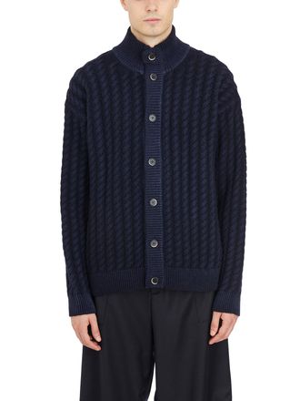 Barena Mens Cardigan Collo Alto A Treccia - Dark Blue Wool - Size Medium