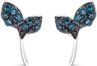 House of Brilliance Sterling Silver Blue Treated Diamond Accent Leaf Stud Earrings
