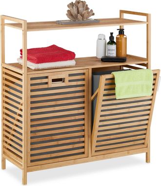 Relaxdays Cesto Para Ropa Sucia Con 2 Baldas, 2 Cubos Colada Basculantes, 40 L C/u, Bamb&uacute;, Tela, 95x88x33 Cm, Natural - Relaxdays