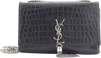 Saint Laurent Black Croc-Embossed Leather Classic Monogram Tassel Crossbody Medium (Authentic Pre-Loved)