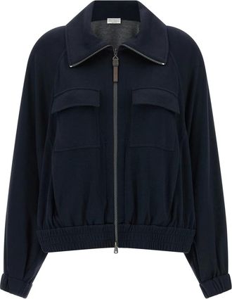 Brunello Cucinelli Cotton and Silk Interlock Sweatshirt - female - Brunello Cucinelli - Light Jackets - Blue - XS - Jackets