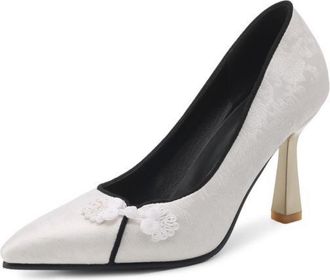 Generic Womens Pointed Toe Pumps Lace Flower Embellishment Textured Upper Slim Heel Closed Toe Lightweight Comfortable Shoes for Fashion Party,White,3.5 UK