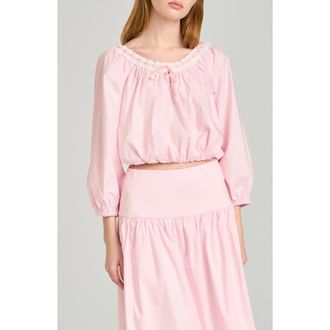 Wayf Mia Boho Lace Trim Gathered Stretch Cotton Top in Light Pink at Nordstrom, Size X-Large