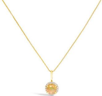 House of Brilliance 10K Gold Gemstone and 1/10 Cttw Diamond Accent Halo Pendant Necklace in Yellow | Multi Opal at Nordstrom