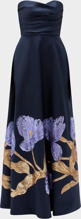 Amsale Strapless Floral Trim Long Gown