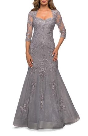 La Femme Long Lace Mermaid Gown with Square Neckline in Silver at Nordstrom, Size 16