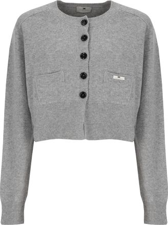 Elisabetta Franchi Grey Cropped Lacquered Buttons Wool Cardigan