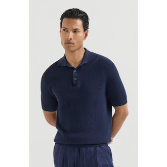 Brunello Cucinelli Cotton English rib knit polo shirt in Navy Blue at Nordstrom, Size 44