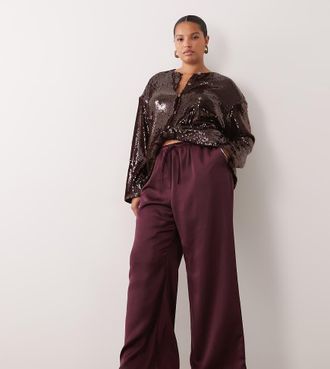 Pretty Lavish Curve pantaloni wide leg in satin con coulisse color fico-Blu