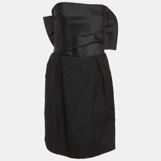 Lanvin Black Satin And Textured Jacquard Bow Detail Strapless Mini Dress