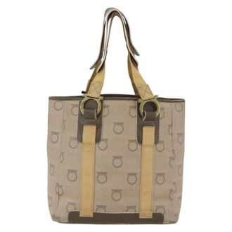Ferragamo Gancini Handbag Canvas Beige Canvas Handbag (Pre-Owned)