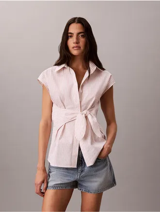 Calvin Klein Womens Cotton Poplin Stripe Tie Button-Down Shirt - Open White - XL