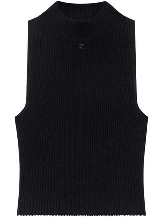 Courrèges cropped ribbed tank top - women - Cotton/Merino - M - Black