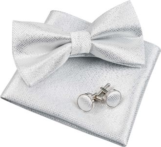 Alizeal Solid Pre-tied Bow Tie Cufflinks Hanky Set for Men Neck Wear, Shiny Silver