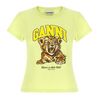 Ganni T-Shirts, female, Green, Size: XS Basic Cotton Jersey Baby Fit Tiger T-shirt