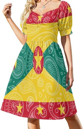 Generic Grenada Flag Paisley Pattern Funny Womens Short Sleeve Dresses V-Neck Sundress Summer Swing Dress L