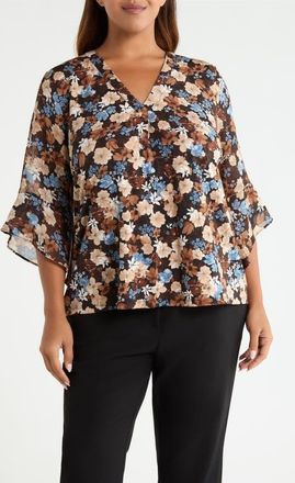 Anne Klein Floral Split Neck Bell Sleeve Top in Anne Black Multi at Nordstrom, Size 0X