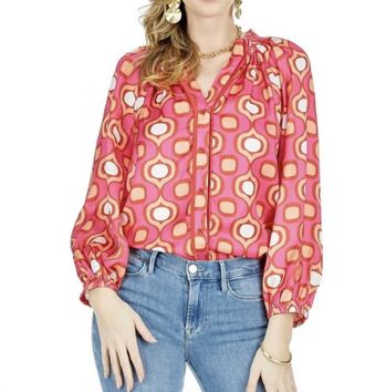 Jade Yoga Split Neck Blouse In Pink Geo