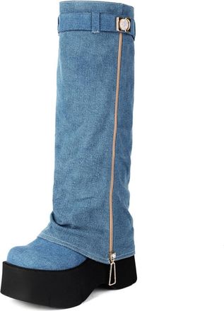 Generic Womens High-Tube Denim Platform Boots With Side Zipper Buckle Decor Retro Oversized Slip-On Style For Daily Streetwear Party Nights,Blue,3.5 UK