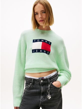 Tommy Hilfiger Womens Tommy Jeans Intarsia Flag Logo Sweater - Green - S