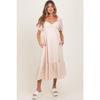 Pinkblush Sweetheart Stripe Smocked Back Midi Dress in Beige at Nordstrom, Size Medium