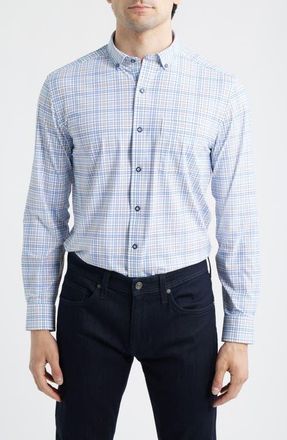 Johnston & Murphy XC Motion Performance Knit Button-Up Shirt in Blue/Tan Plaid at Nordstrom, Size Xxx-Large