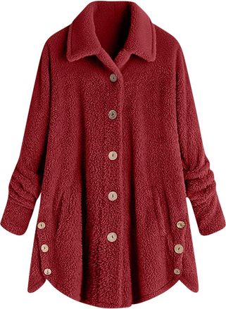 Generic Womens Fleece Jackets Winter Lapel Collar Long Coat Long Sleeve Fluffy Teddy Bear Coat Warm Oversized Button Down Fuzzy Sherpa Long Cardigans Sweater 