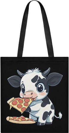 Generic Cute Cow Eating Pizza Womens Tote Casual Shopping Bag Lightweight Shoulder Bags Hobos Handbag for Work Travel Daily 35x40cm