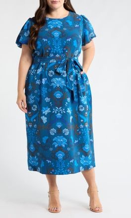 Sugarlips Palmate Floral Senidy Puff Sleeve Maxi Dress in Teal-Blue at Nordstrom, Size 2X