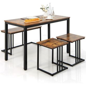 Costway Costway Juego De Mesa De Comedor De 4 Piezas, Mesa De Comedor Industrial Con Banco Y 2 Taburetes Para 4 Personas, Mueble De Comedor, Estructura Met&aacute;li
