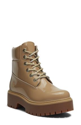 Timberland Stone Street 6-Inch Waterproof Lace-Up Leather Boot in Md Beige Patent Leather at Nordstrom, Size 5.5
