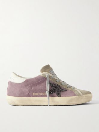 Golden Goose Sneakers In Camoscio Effetto Consumato Con Glitter E Finiture In Pelle Super-star - Rosa