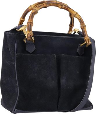 Gucci Vintage Bamboo Front Pocket Tote Suede Navy Suede Handbag (Pre-Owned)