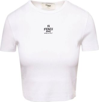 Fendi T-Shirts, female, White, Size: M Ribbed Crop T-Shirt with Logo Embroidery