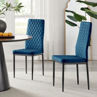 Furniturebox Set of 4 Milan High Back Soft Touch Diamond Pattern Velvet Dining Chairs With Black Powder Coated Metal Legs in Navy