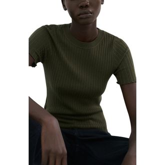 Mango Cotton Blend Rib T-Shirt in Khaki Green at Nordstrom, Size X-Small